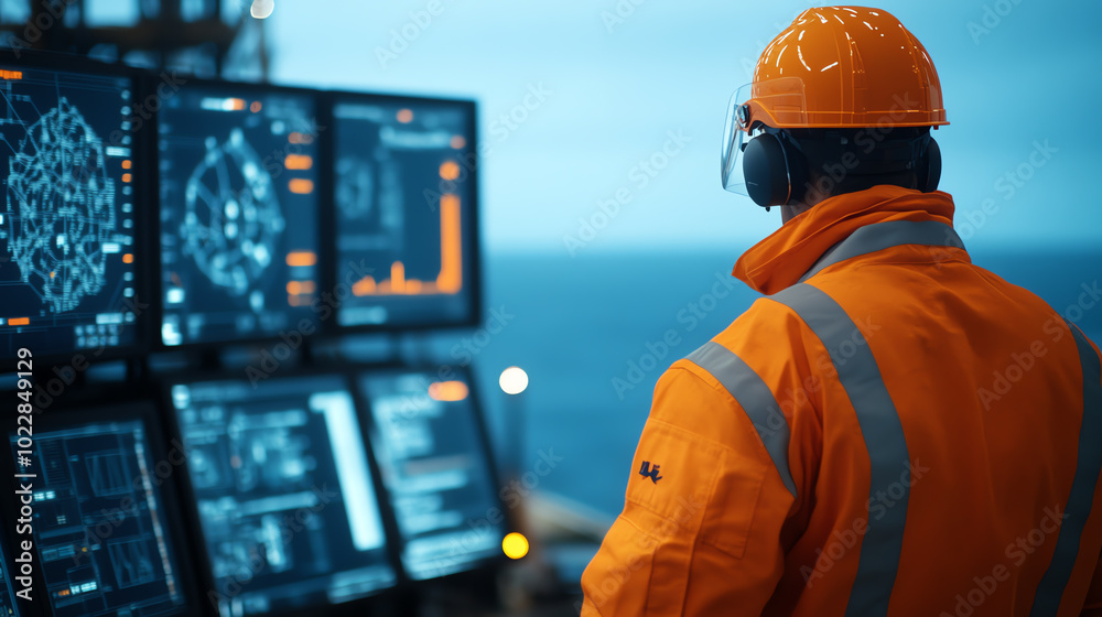 A worker in an orange safety suit observes advanced control panels aboard an offshore platform, highlighting the blend of technology and maritime industry. A worker in an orange safety suit observes advanced control panels aboard an offshore platform, highlighting the blend of technology and maritime industry.