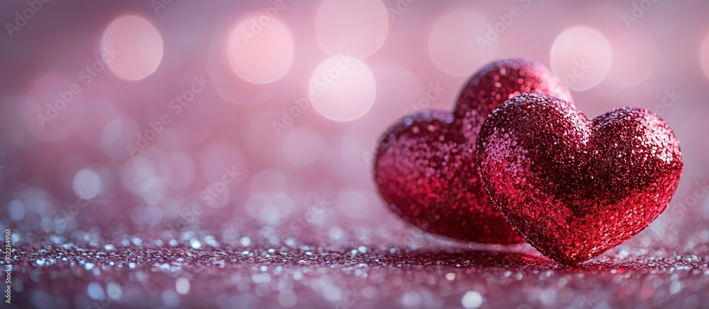 Two Glitter Hearts on Pink Background Two Glitter Hearts on Pink Background