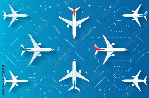  A flat vector graphic of white airplanes on a blue background