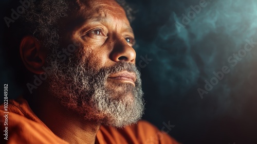 A thoughtful, aged man with a soulful gaze sits in a smoky environment; his eyes reflect deep wisdom and personal journey, evoking introspection and human spirit.