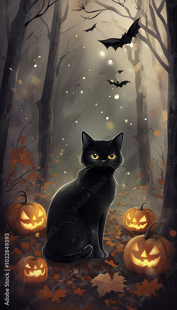 Halloween-Zauber: Schwarze Katze im Kürbiswald Halloween-Zauber: Schwarze Katze im Kürbiswald