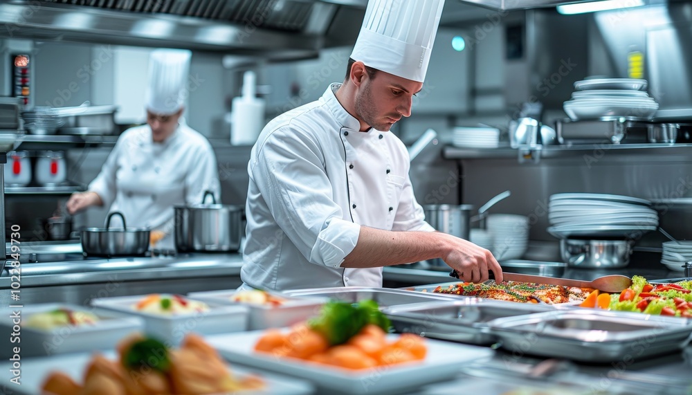 Culinary expert crafting an exquisite dish in a modern, high tech kitchen environment Culinary expert crafting an exquisite dish in a modern, high tech kitchen environment