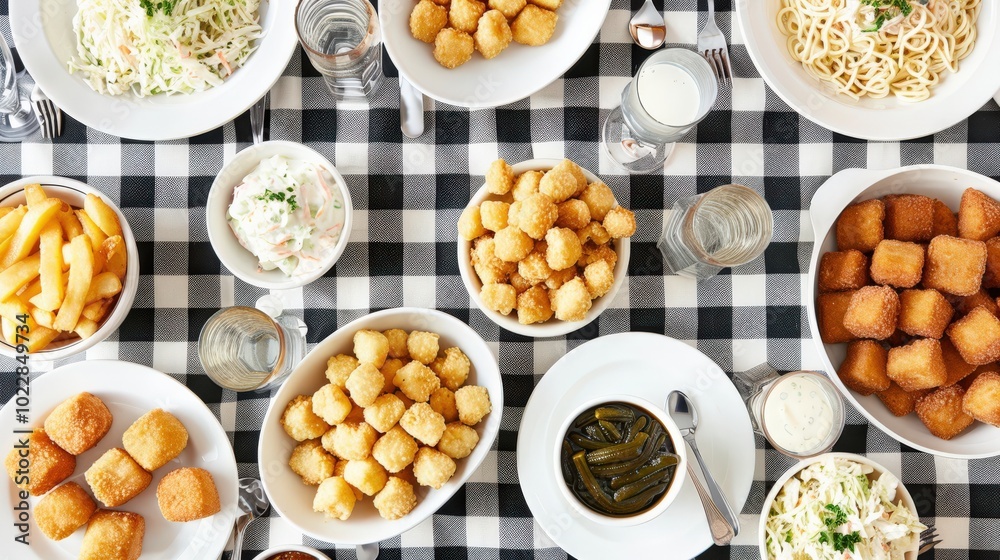 An overhead shot of a hearty chicken fried steak meal on a checkered tablecloth, complete with a side of crispy fried okra and a small bowl of coleslaw. An overhead shot of a hearty chicken fried steak meal on a checkered tablecloth, complete with a side of crispy fried okra and a small bowl of coleslaw.