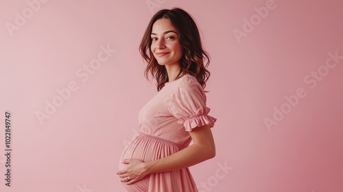 A happy pregnant woman in a pink dress poses confidently against a soft pink background, capturing the beauty of motherhood.