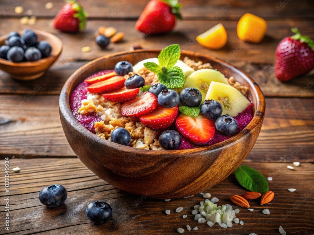 Vibrant Acai Bowl with Fresh Fruits, Granola, and Coconut Flakes on a Rustic Wooden Table Vibrant Acai Bowl with Fresh Fruits, Granola, and Coconut Flakes on a Rustic Wooden Table