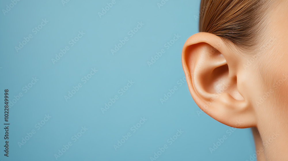 Close-up view of a human ear against a soft blue background, highlighting the details of the ear structure and skin tone, ideal for concepts of listening and communication.