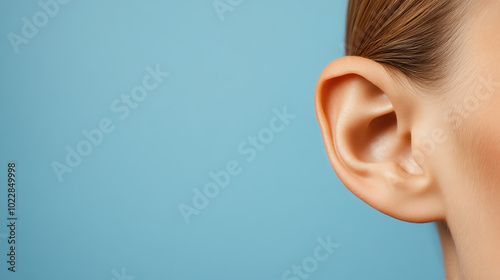 Obraz na płótnie Close-up view of a human ear against a soft blue background, highlighting the details of the ear structure and skin tone, ideal for concepts of listening and communication. w salonie