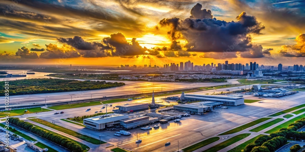 Obraz premium Vibrant Aerial View of Miami International Airport with Runways, Terminals, and Surrounding Landscape