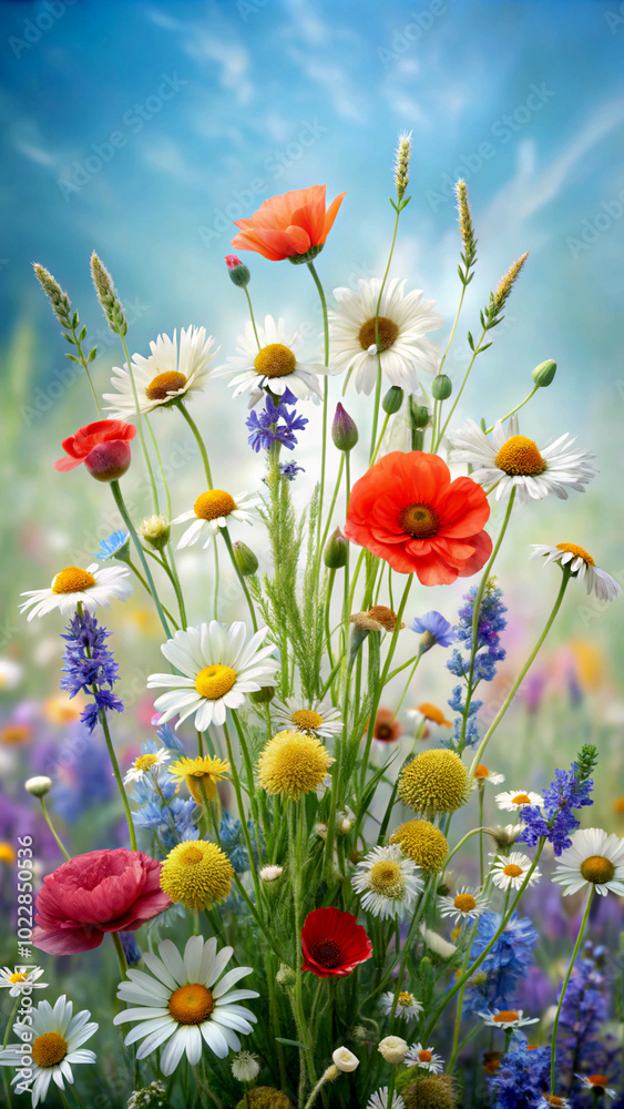 Naklejka premium field of poppies. field, poppy, flower, red, nature, summer, meadow, spring, flowers, poppies, bloom, blossom, garden, plant, grass, beauty, landscape, flora, beautiful, tulip, season, rural, sky, sun