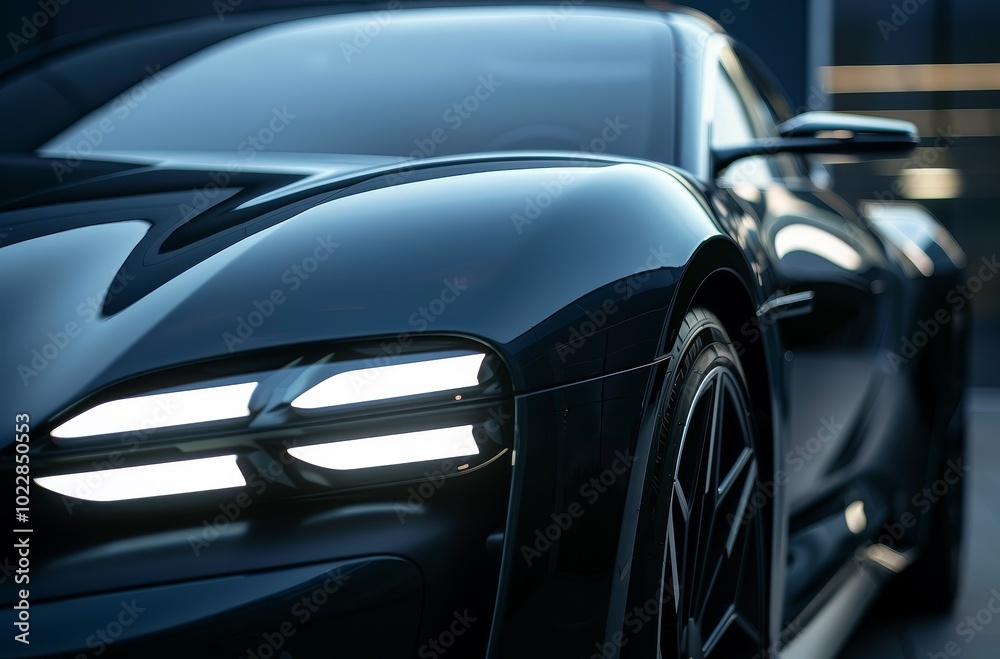 Fototapeta premium Close up of the front end headlights of an electric concept car. 