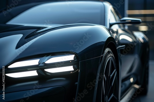 Close up of the front end headlights of an electric concept car. 