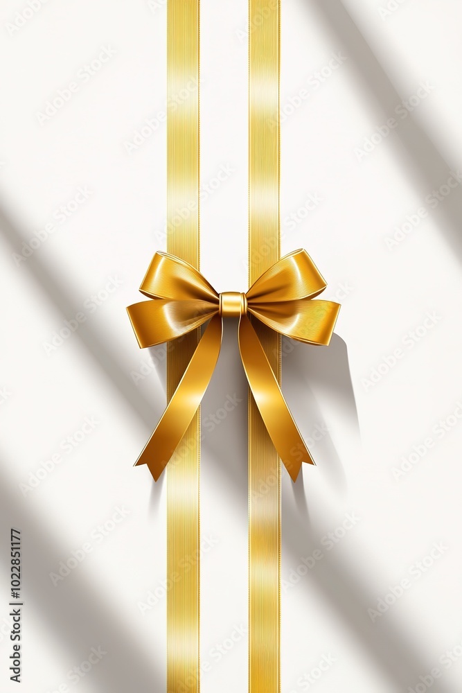 Golden bow on striped shadowed background with light.
