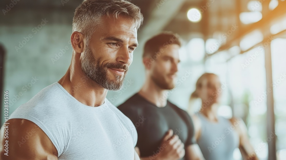 A fit man with a smile enjoys his workout in a gym, surrounded by other active individuals, portraying vitality and a commitment to healthy living. A fit man with a smile enjoys his workout in a gym, surrounded by other active individuals, portraying vitality and a commitment to healthy living.