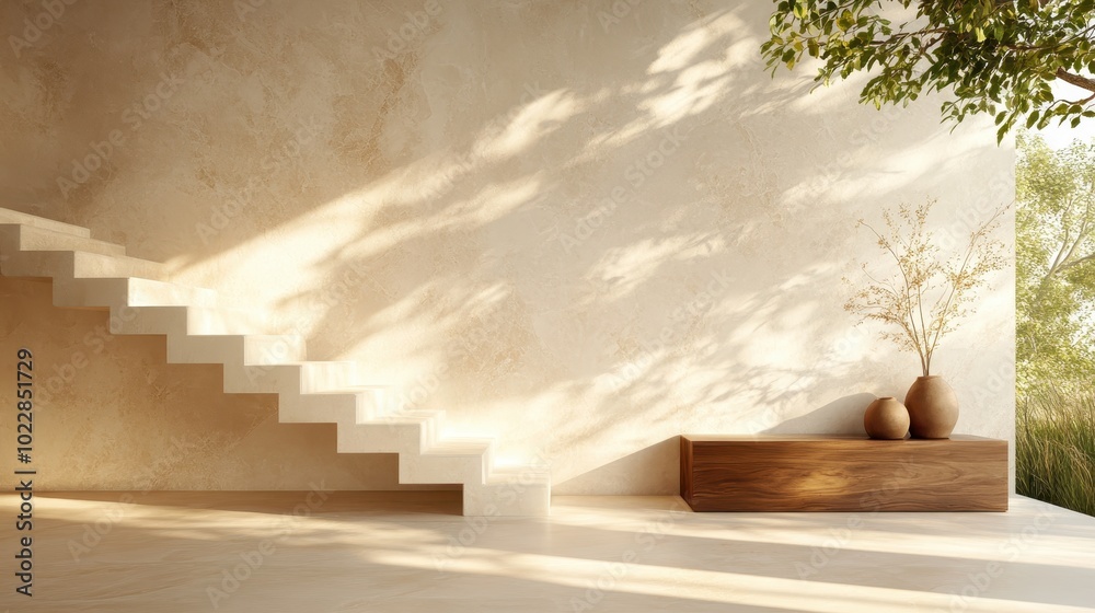 A minimalist staircase drenched in sunlight features a wooden art piece, projecting shadows that blend into the natural surroundings, creating a serene environment. A minimalist staircase drenched in sunlight features a wooden art piece, projecting shadows that blend into the natural surroundings, creating a serene environment.