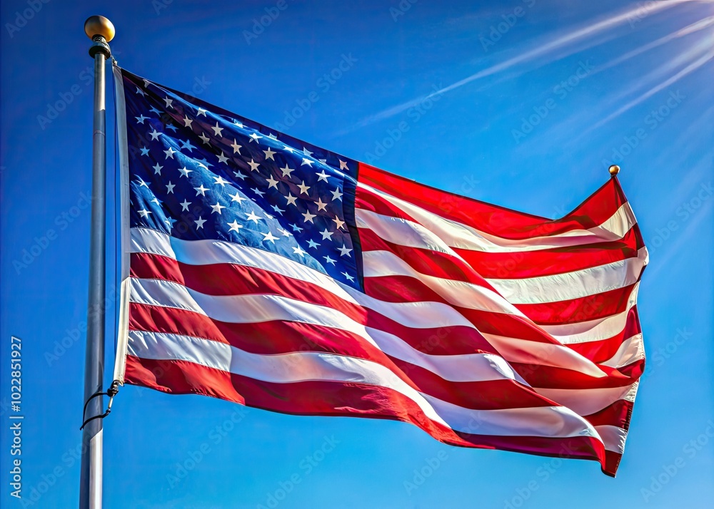 Obraz premium Vibrant American Flag Waving in the Breeze Against a Clear Blue Sky on a Sunny Day Outdoors
