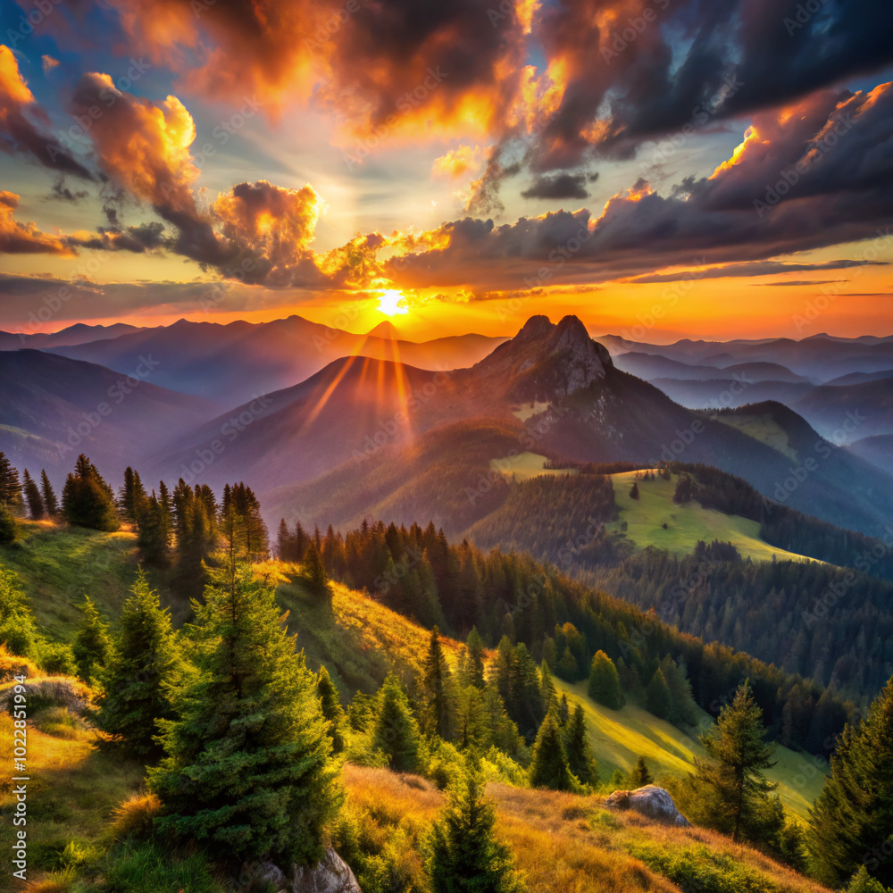 sunrise in the mountains. landscape, mountain, sky, nature, forest, mountains, tree, autumn, sunset, clouds, sunrise, fall, cloud, grass, green, view, summer, trees, hill, sun, scenic, travel, valley,