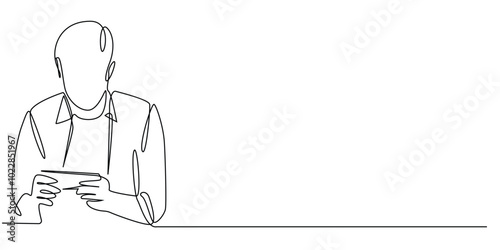 one continuous line drawing of man playing games on mobile phone.one line drawing of man addicted to gaming.single line vector illustration.isolated white background