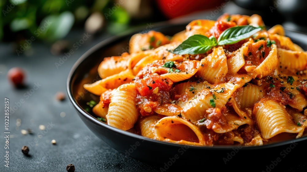 A delightful pasta dish served in a dark bowl, featuring a savory tomato sauce and fresh basil leaves, finely garnished to enhance taste and visual appeal.