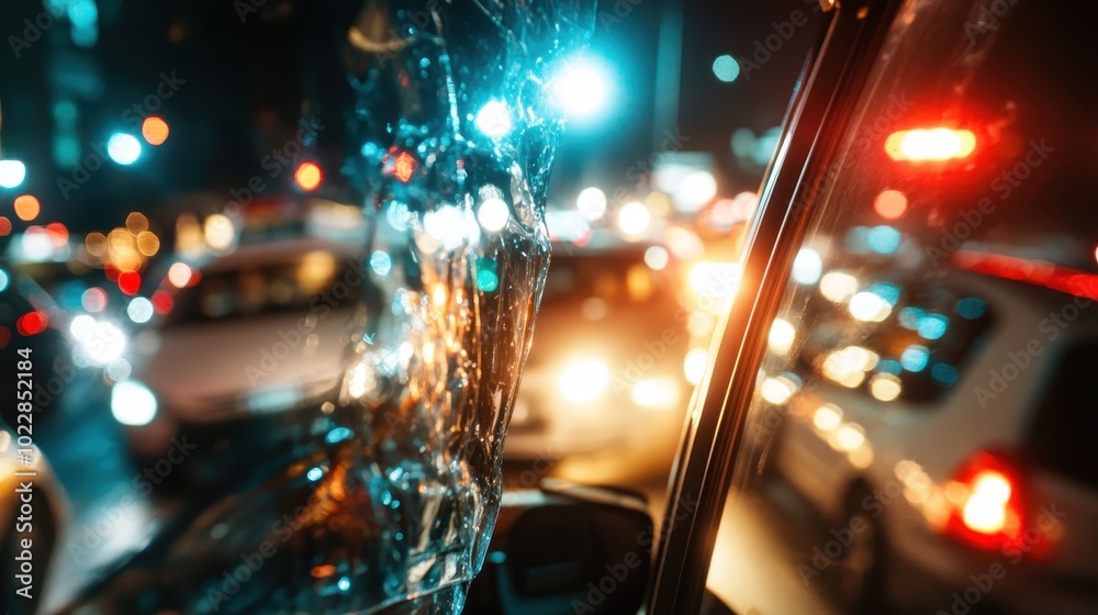 A street scene at night displays the chaos and tension of a traffic accident, emphasizing the shattered glass and approaching vehicles with flashing lights. A street scene at night displays the chaos and tension of a traffic accident, emphasizing the shattered glass and approaching vehicles with flashing lights.