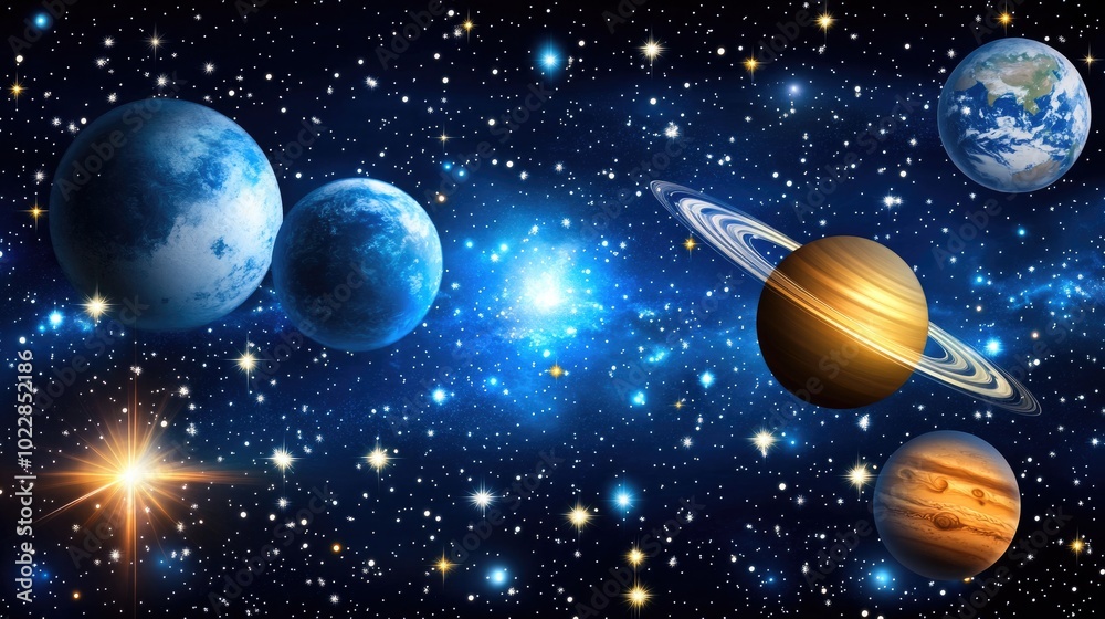 Naklejka premium Panoramic space scene with vibrant planets, distant stars, and nebulae. A 3D illustration of a cosmic landscape in the universe.