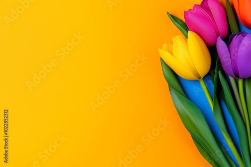 Yellow background with a bunch of flowers in the foreground. The flowers are purple, yellow, and pink. Boss Day Frame Border with Pastel Color Background for Celebrating Leadership and Appreciation