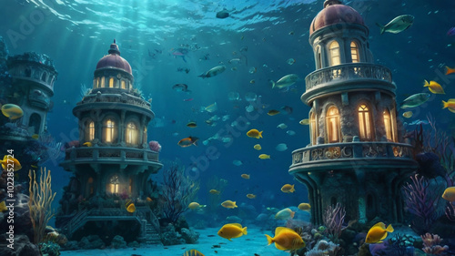 Beneath the tranquil sea, colorful fish swim gracefully through the remnants of a magnificent submerged city, surrounded by coral reefs.