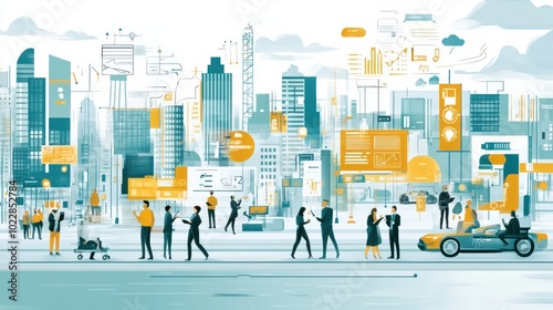 Urban landscape with people, technology, and data visualizations in a modern city setting.