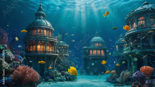 Beneath the tranquil sea, colorful fish swim gracefully through the remnants of a magnificent submerged city, surrounded by coral reefs.