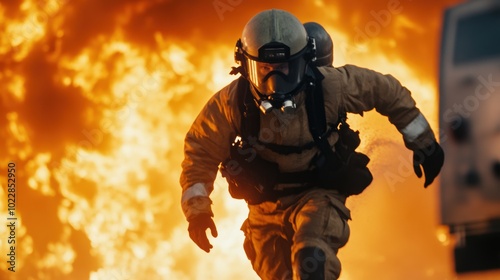 Firefighter running from intense fire flames. Outdoor emergency action shot. Fire safety and rescue concept