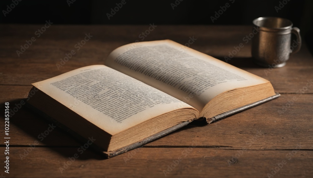 An open book resting on a rustic wooden table with a metal cup nearby, capturing the essence of quiet study in a dimly lit room An open book resting on a rustic wooden table with a metal cup nearby, capturing the essence of quiet study in a dimly lit room
