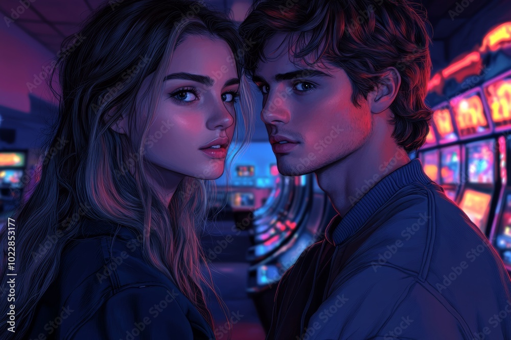 A Gen Z couple on a fun and quirky date at an arcade, playing games together, with neon lights and retro vibes. Generative AI A Gen Z couple on a fun and quirky date at an arcade, playing games together, with neon lights and retro vibes. Generative AI