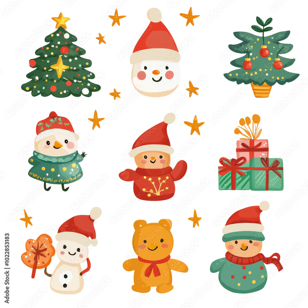Festive Christmas illustrations featuring tree, snowmen, and gifts Festive Christmas illustrations featuring tree, snowmen, and gifts