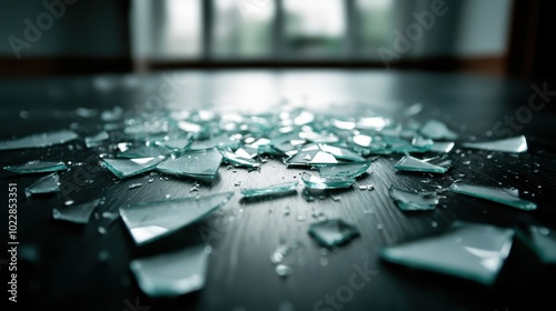 Green-tinted glass shards spread out on a shadowy floor, creating an artistic contrast between the emerald hues and the dark background of the space.