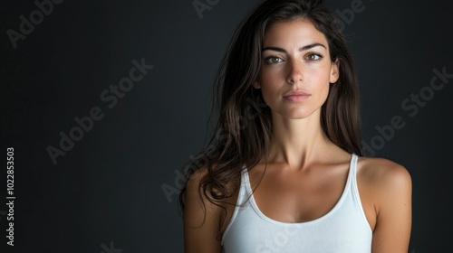 Beautiful woman in white T-shirt Female breast dark background