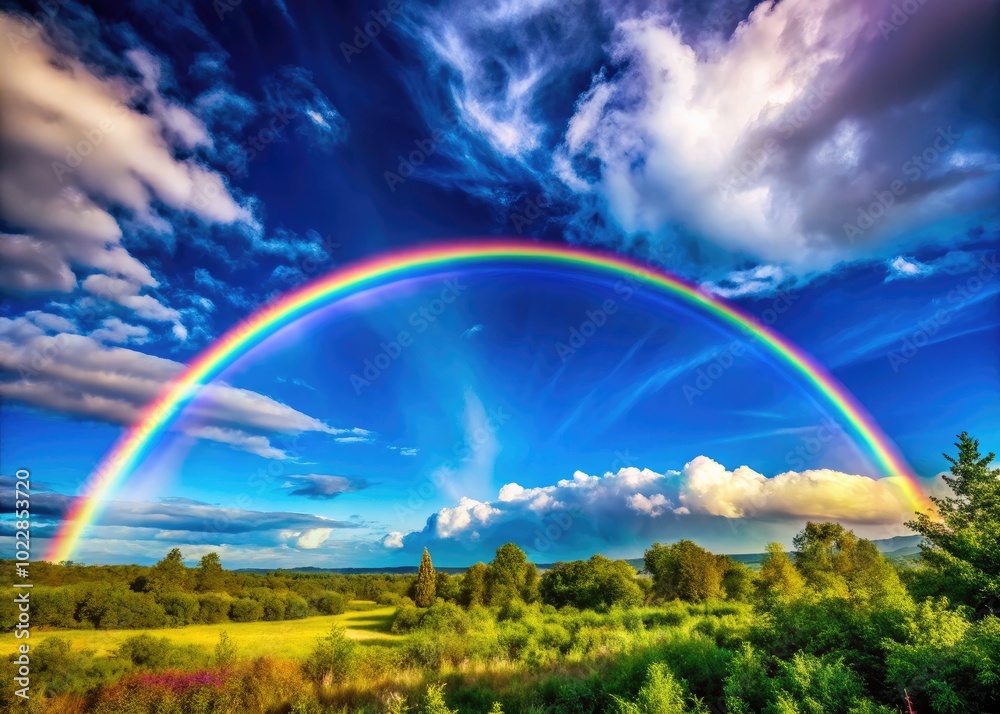 Vibrant and Colorful Rainbow Arching Across a Clear Blue Sky After a Refreshing Rain Shower Vibrant and Colorful Rainbow Arching Across a Clear Blue Sky After a Refreshing Rain Shower
