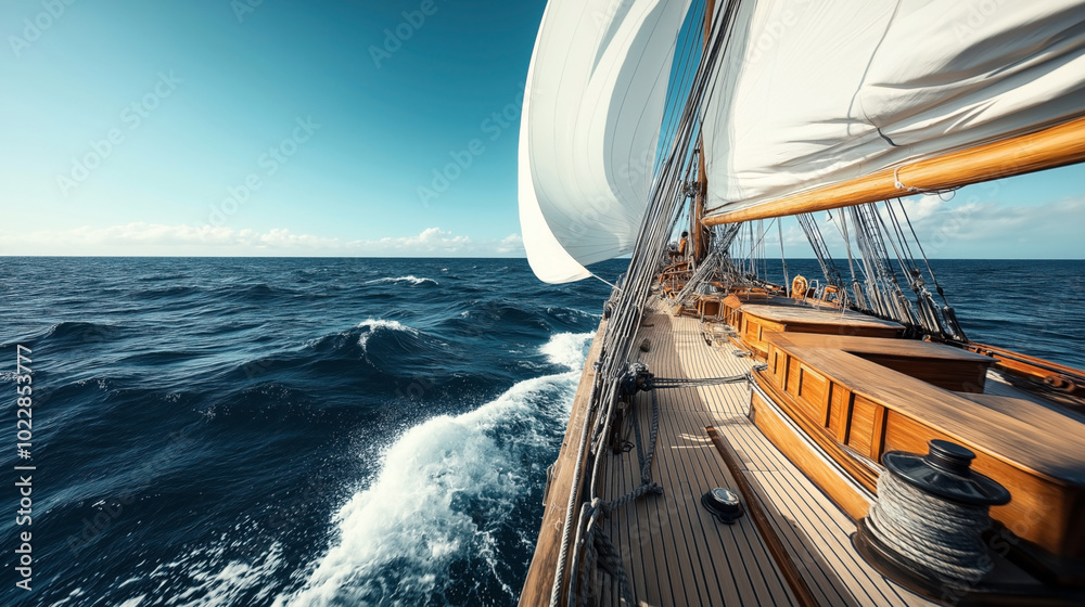 Obraz premium View from the deck of a sailing boat with white sails over a vast, calm ocean under a clear blue sky. The boat is cutting through the waves, creating a sense of motion.