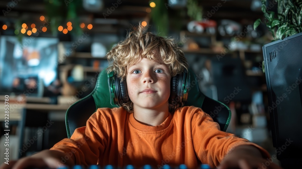 A young boy deeply immersed in a gaming session, wearing headphones. The environment around him suggests high energy and intense concentration. A young boy deeply immersed in a gaming session, wearing headphones. The environment around him suggests high energy and intense concentration.