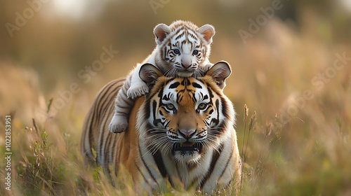 A white tiger cub rides on the back of its mother in a field of tall grass.