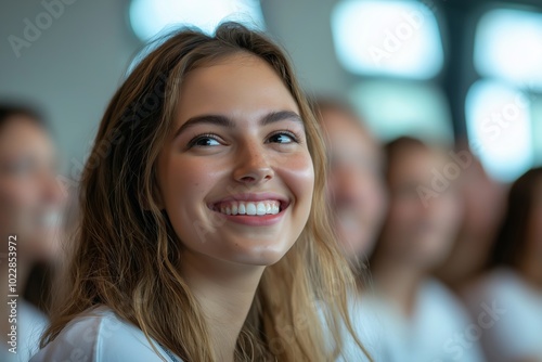 Woman with glasses is smiling. There are other people in the background. happy and laughing staff or participant people group listening to a startup business owner at a trade show exhibition event.