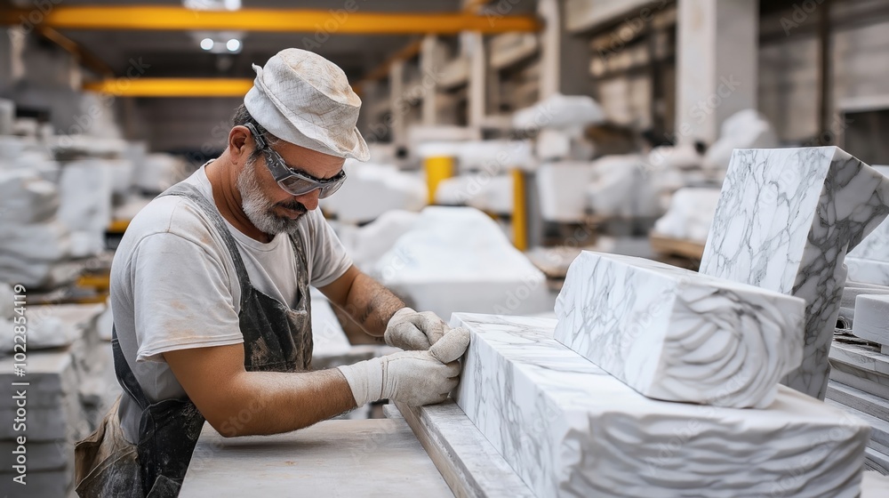 Skilled worker in a marble workshop wearing protective eyewear and gloves, shaping large blocks of marble with precision tools. Skilled worker in a marble workshop wearing protective eyewear and gloves, shaping large blocks of marble with precision tools.