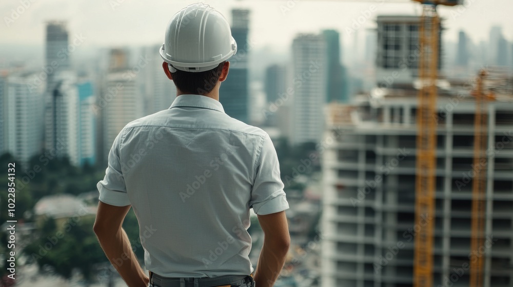 Construction site overview from the perspective of a male engineer. Urban development and civil engineering concept. Construction site overview from the perspective of a male engineer. Urban development and civil engineering concept.