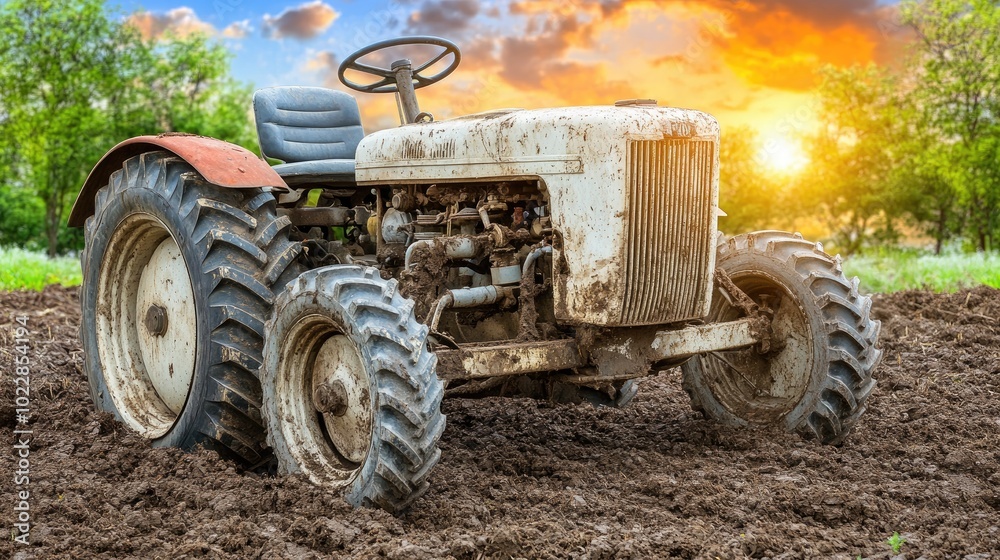 Scenic view of a tractor plowing the field during sunset, with an amazing colorful sky in the background. A perfect balance of nature and machinery.