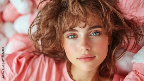 A portrait of a woman with freckles against a soft pink fabric, with tousled hair and a serene expression, creating a mood of tranquil elegance.