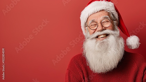 Jolly man in Santa hat, smiling brightly