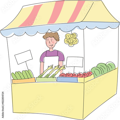 Young greengrocer man selling vegetables and fruits on the street.