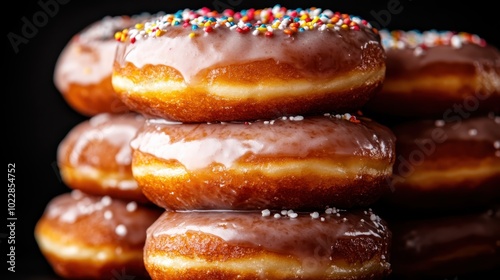 A delicious pile of freshly made donuts with a shiny chocolate glaze, topped with colorful sprinkles, creating a mouth-watering visual treat for dessert lovers.