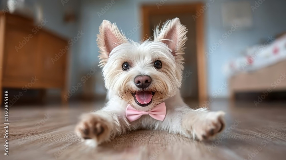 A lively, smiling dog adorned with a pink bowtie is joyfully lying on a sleek wooden floor, radiating a sense of happiness and vibrant home energy. A lively, smiling dog adorned with a pink bowtie is joyfully lying on a sleek wooden floor, radiating a sense of happiness and vibrant home energy.