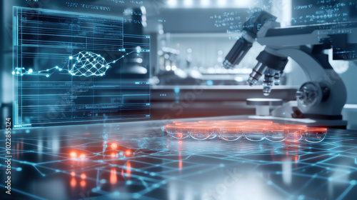 Advanced laboratory table with drug testing equipment and data visualization, showcasing modern scientific environment. atmosphere is innovative and high tech