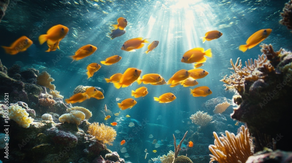 Naklejka premium Sunbeams Illuminating Underwater Paradise