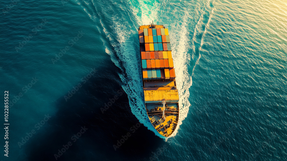 Aerial view of cargo ship with colorful containers Aerial view of cargo ship with colorful containers